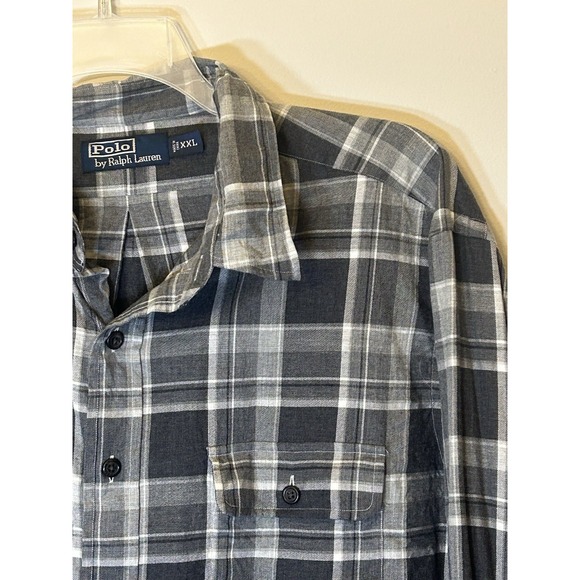 Ralph Lauren Grey Plaid Button Up Long Sleeve Shirt Flannel Elbow Pads Men's 2XL - Picture 2 of 6